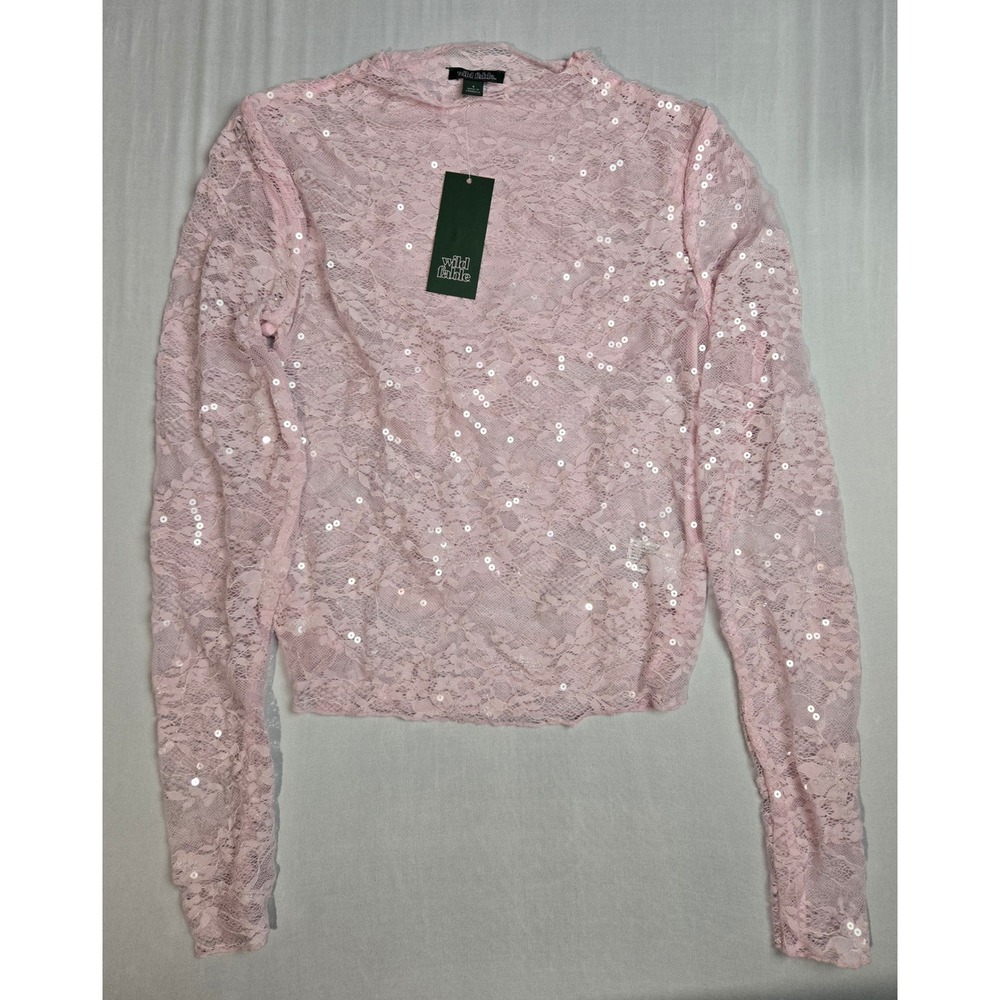 Wild Fable Pink Sequin Floral Lace Mock Neck Long Sleeve Top Small NWT